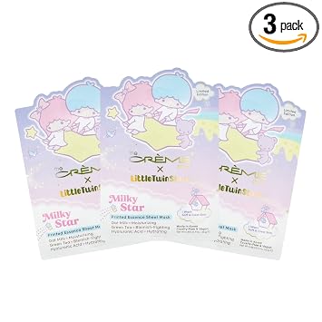 The Crème Shop Little Twin Stars - Máscara facial coreana con esencia impresa de estrellas lechosas, sin parabenos, sin sulfatos y sin crueldad animal (juego de 3)