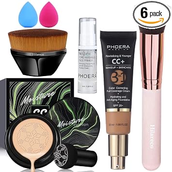 PHOERA CC+ - Base de maquillaje natural con cojín de aire, corrector de color crema, suero hidratante antienvejecimiento y SPF 25+, base PHOERA, esponja de maquillaje para base de pincel Kabuki (#04Buff Beige CC+140 Buff Beige)