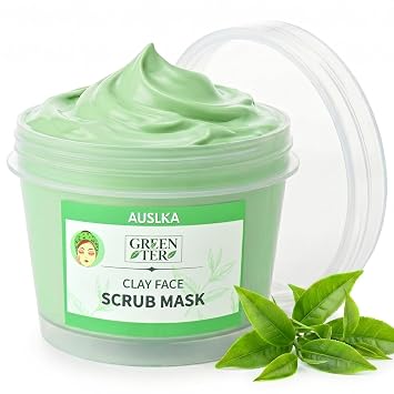 AUSLKA Máscara exfoliante de té verde, máscara facial de limpieza profunda de poros con arcilla de caolín, polifenoles de té, mascarilla de barro de limpieza natural rica en minerales para espinillas