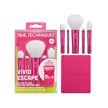 Real Techniques Vivid Escape Glow-To-Go Juego de brochas de maquillaje para viaje de 6 piezas, tamaño mini, brochas de maquillaje para sombra de ojos, corrector, contorno y colorete, incluye estuche