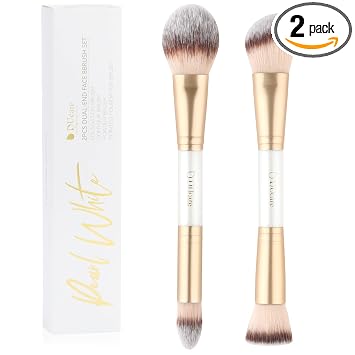 DUcare Juego de brochas de maquillaje Duo con punta doble para base, contorno, polvo y brocha amortiguadora para bronceador, juego de 2 piezas, color blanco