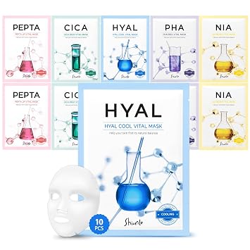 CUTIE MANGO Paquete combinado de 10 mascarillas faciales vitales, 5 tipos de esencias coreanas para el cuidado de la piel, tratamiento de spa en casa, mascarilla hidratante nutritiva calmante para