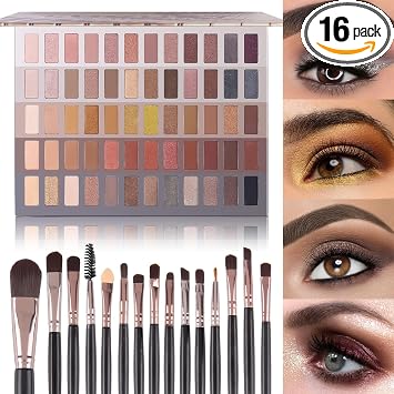 UCANBE Paleta de sombra de ojos desnudos de 60 colores + juego de brochas de maquillaje, todo en uno, paleta de maquillaje ahumado neutro con pinceles, pigmentado cálido mate brillante en polvo,