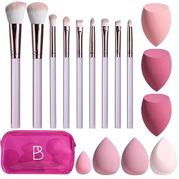BS-MALL Juego de 9 brochas de maquillaje de viaje con 7 esponjas de mezcla de maquillaje, cepillo de base, mini esponja de maquillaje y estuche, lujo para belleza impecable sobre la marcha, cara, ojos