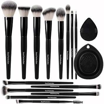 Real Perfection Juego de 14 brochas de maquillaje, 14 piezas con 1 cuenco limpiador de silicona plegable y 1 soplo de polvo, base profesional, corrector de sombra de ojos, colorete, bronceador, kit de