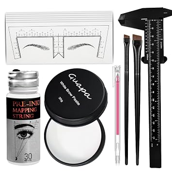 Microblading - Kit de mapeo de cejas con cuerda de mapeo blanca de 98.4 ft, 0.71 oz de pasta blanca para cejas, 2 pinceles para cejas, 10 plantillas de regla de cejas, 1 pinza para diseño de cejas (Kit-1)