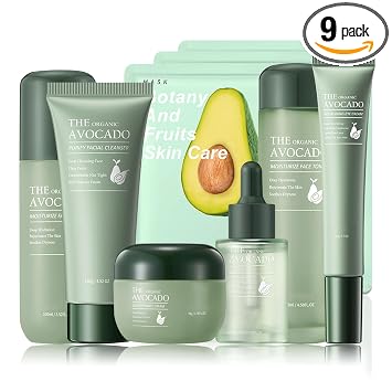 Juego de cuidado de la piel de aguacate, 9 piezas de aguacate con máscaras faciales, lavado facial, loción, tónico, suero facial, crema hidratante facial, crema para ojos, kit hidratante para el cuidado de la piel de aguacate