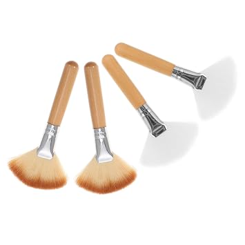 Angoily 4pcs Large Fan Powder Brush Set with Soft Bristles, Multipurpose Facial Makeup Brushes for Blush and Highlighter Application, Long Handle Wooden Style for Professional Beauty Use