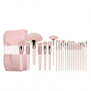Tulip Day - Juego de brochas de maquillaje de 24 piezas, diseño rosa suave, cerdas sintéticas libres de crueldad, kit completo de brochas para cara y ojos con elegante bolsa enrollable, ideal para