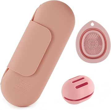 Juego de soporte de cepillo de maquillaje de silicona, rosa en polvo