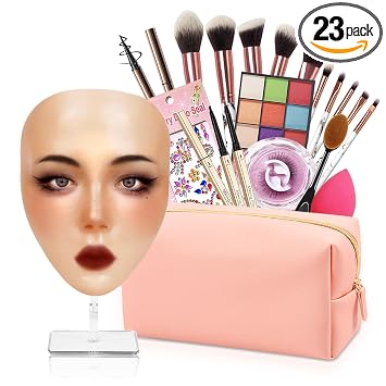 Tabla de práctica de maquillaje de silicona, maniquí de cara completa con kit de maquillaje, gemas faciales, pinceles, perfecto para principiantes y profesionales