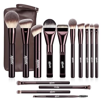 14 PCS Professional Makeup Brushes Set with Travel Cosmetic Bag（Brown）