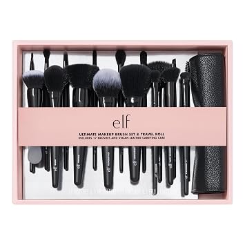 e.l.f. Ultimate - Juego de brochas de maquillaje y rollo de viaje, kit de brochas de 17 piezas, pinceles para sombra de ojos, base, polvo, corrector y más, vegano y libre de crueldad animal