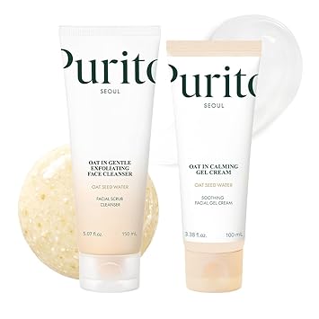 PURITO Oat Velvet Duo, crema en gel calmante y exfoliante facial, fórmula no comedogénica, hidratante, limpiador, cuidado de la piel coreano suave para todo tipo de piel, 3.38 + 5.07 onzas líquidas