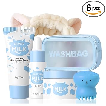 Set de cuidado de la piel de leche para niñas de 10 a 12 años, cuidado de la piel para niños con limpiador de leche, suero, crema, cepillo facial, diadema, bolsa de lavado, juego de lavado facial para niños, cuidado de la piel para niños de 8 a 12 años, su