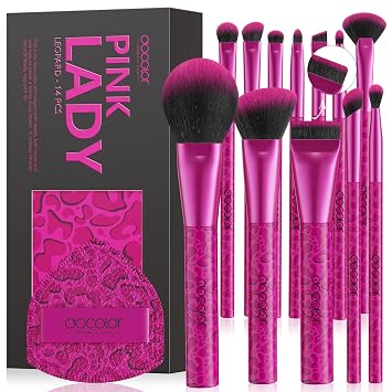 docolor Brochas de Maquillaje 12PCS Juego de Brochas de Maquillaje de Leopardo Rosa Sintético Premium Base Polvo Correctores Sombra de Ojos Rubor Brochas de Maquillaje con 1PC Borlas de Polvo Grandes
