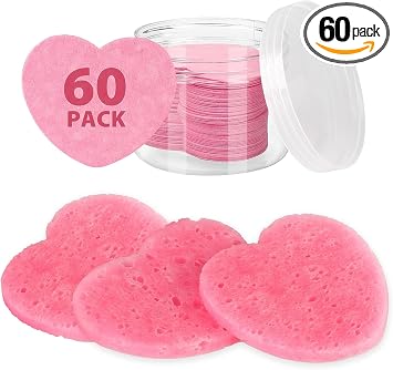 60 esponjas faciales comprimidas con contenedor, esponja facial en forma de corazón, almohadillas 100% naturales para limpieza, masaje, mascarilla exfoliante de poros, eliminación de maquillaje (rosa)