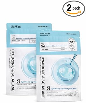 Paquete de 2 mascarillas faciales de ácido hialurónico y escualano + juego de crema intensiva coreana de 2 pasos hidratante en hoja de tratamiento para hidratación y piel radiante