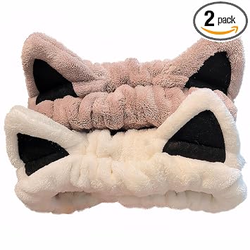 2 piezas de diademas con orejas de gato, lindas diademas de spa para el lavado de la cara, cuidado de la piel, maquillaje para mujeres y niñas, cosas de moda, regalo, suave forro polar de coral