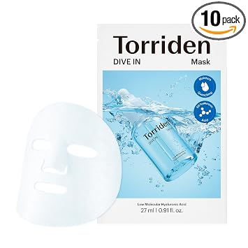 Torriden Máscara facial de ácido hialurónico DIVE IN (10 hojas), mascarilla coreana de hidratación profunda, pantenol y alantoína, mascarilla coreana para el cuidado de la piel