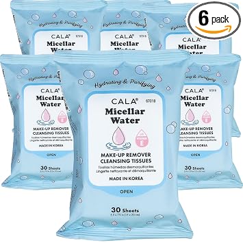 CALA Toallitas limpiadoras para eliminar el maquillaje: agua micelar (30 hojas), toallitas hidratantes y suaves para una tez limpia y radiante, seguras para todo tipo de piel (180 unidades, paquete de