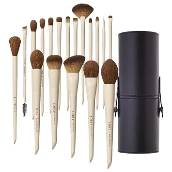 LORYP Juego de 18 brochas de maquillaje etiquetadas para cara y ojos, completo con brochas para base, corrector, contorno, mezcla, colorete, sombra de ojos con estuche de transporte