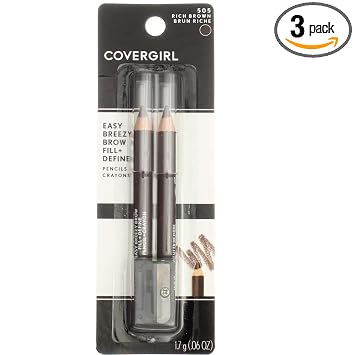 CoverGirl Easy Breezy Brow, Fill+Define Lápices [505] Marrón intenso 2 unidades (paquete de 3)