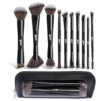 Juego de 10 brochas de maquillaje de viaje con bolsa, brochas de maquillaje, pinceles multifuncionales de doble extremo para base, polvo, rubor, delineador de ojos, sombra de ojos, juego de brochas profesionales (negro)