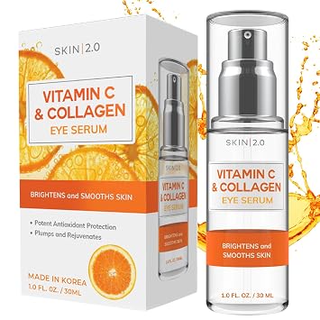 Skin 2.0 Suero de vitamina C y colágeno para debajo de los ojos, probado por dermatólogos, cuidado de la piel coreano antienvejecimiento, se dirige a ojeras, hinchazón y líneas finas para ojos más suaves y firmes, belleza vegana limpia, 1 onza líquida