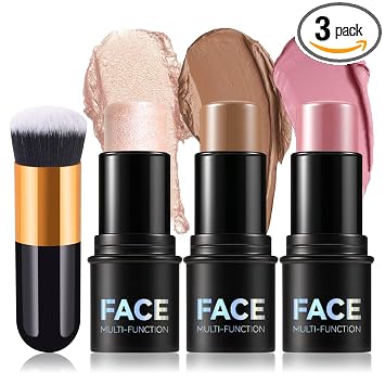 Kit de maquillaje en barra de contorno de crema de 3 piezas con brocha de maquillaje, tonos con resaltador, barra de pincel, bronceador crema para esculpir las mejillas, juego de contorno ligero impermeable de larga duración