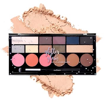 Profusion Cosmetics Paleta Glam Glam Eye & Cheek – 16 tonos pigmentados mate y brillantes para sombra de ojos, rubor, bronceador e iluminador – Incluye cepillo profesional, vegano y libre de crueldad