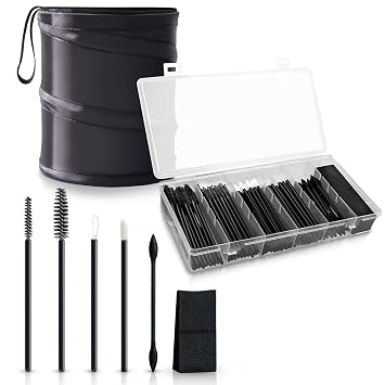 OR KO Kit aplicador de maquillaje desechable con espátulas, aplicadores de labios, pinceles delineadores, esponja, cejas y cepillo de rímel, incluye cubo de basura plegable portátil, ideal para maquilladores