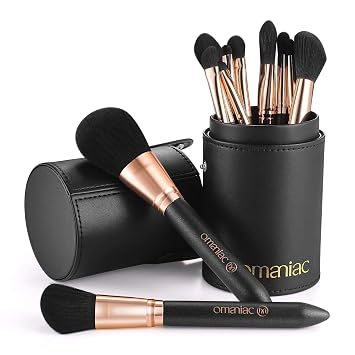 OMANIAC Juego de brochas de maquillaje profesional, 12 brochas de maquillaje con mango de madera nacarada, pelo de fibra sintética sin crueldad animal, juego de brochas de maquillaje de viaje con