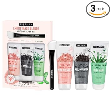 Freeman Exotic Blends - Juego de 4 mascarillas faciales exfoliantes y gelatinosas, limpiadoras, limpiadoras, limpiadoras de poros e hidratantes, para todo tipo de piel, incluye cepillo de máscara de