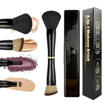 Brocha de maquillaje 4 en 1, juego de brochas de maquillaje de viaje con estuche, mini brochas de maquillaje, brocha para base de polvo, cepillo corrector, cepillo de sombra de ojos, cepillo de maquillaje de doble extremo para líquido, crema, polvo