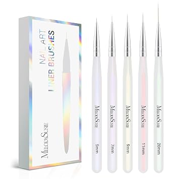 MelodySusie Juego de 5 pinceles profesionales para delineado de uñas, set de pinceles para diseño artístico de uñas con gel, pintura y detalle, para líneas finas y largas, pequeños detalles, dibujo