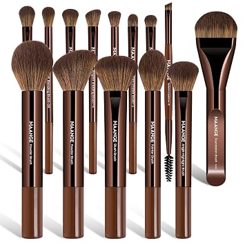 MAANGE Juego de brochas de maquillaje de 14 piezas con virola de aluminio, kit de brochas de maquillaje sintéticas de alta calidad, cepillo de base para polvo, sombra de ojos para principiantes y