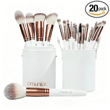 OMANIAC Juego de 20 brochas de maquillaje profesional – Base sintética de primera calidad, sombra de ojos, mezcla de polvos faciales con estuche de viaje, kit de regalo de belleza libre de crueldad animal para principiantes y mujeres (blanco)