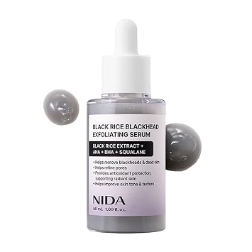 NIDA Suero exfoliante de espinillas de arroz negro | 1.69 onzas líquidas, 1.7 fl oz | Exfoliante facial suave diario removedor de células muertas de piel para todo tipo de piel, cuidado de la piel coreana