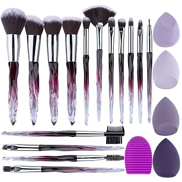 XMOSNZ Brochas de maquillaje, 15 piezas, brochas de maquillaje, mango de cristal, resaltador, base de maquillaje, juegos de brochas de maquillaje, cepillo para cejas profesional con 4 esponjas de
