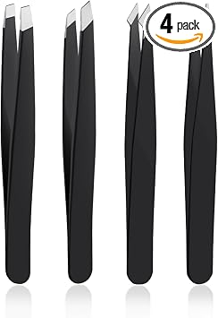 Juego de 4 pinzas de acero inoxidable – Pinzas de precisión para cabello encarnado, vello facial, astillas, puntos negros y removedor de garrapatas