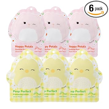TONYMOLY Juego de sábanas Squishmallows (paquete de 6), mascarillas hidratantes e iluminadoras de K-Beauty, bonito juego de regalo para el cuidado de la piel para adolescentes, noche de spa y cuidado