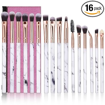 DUAIU - 16 brochas de maquillaje de ojos, brochas de sombra de ojos, delineador de ojos, cepillo de mezcla de brochas sintéticas y de mango de mármol de primera calidad con bolsa de cosméticos rosa