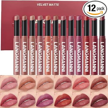 12Pcs Velvet Matte Lipstick Set, Nude to Dark Shades, Long-Lasting,Color A