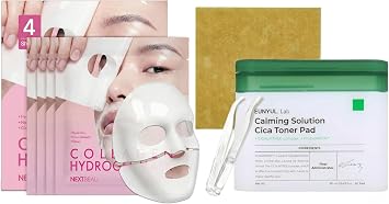Paquete coreano para el cuidado de la piel – Almohadillas de tóner CICA (60 almohadillas) + máscara facial de hidrogel de colágeno (4 hojas), juego de rutina hidratante y calmante