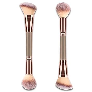 Brocha de maquillaje de base de doble extremo, parte superior angulada/redonda para mezcla de líquidos, polvos y crema (marrón), dorado champán