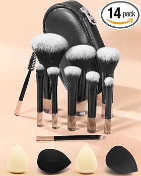 PGRODE Juego Mini de Brochas de Maquillaje Portátil para Viaje, 14 Piezas, Kit Completo de Cosméticos con Bolsa para Brochas, Brochas Cortas de Maquillaje para Llevar, Pequeños Elementos Esenciales de