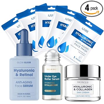 Klar&Co - Juego de cuidado de la piel coreano con ácido hialurónico, suero facial probado por dermatólogos, suero para ojos, máscara de hoja e hidratante para una humedad profunda y una piel de