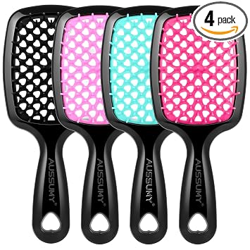 Paquete de 4 cepillos de cabello desenredante ventilados – Cepillo desenredante con cerdas suaves para desenredado sin esfuerzo – Ideal para cabello húmedo, seco o rizado dañado para mujeres