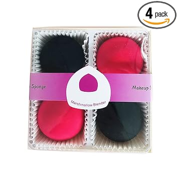 Esponja de maquillaje de malvavisco, 4 unidades, sin látex y vegana, súper suave, seca, húmeda, esponja de belleza usada para base, polvo y crema BB (negro + rojo rosa)